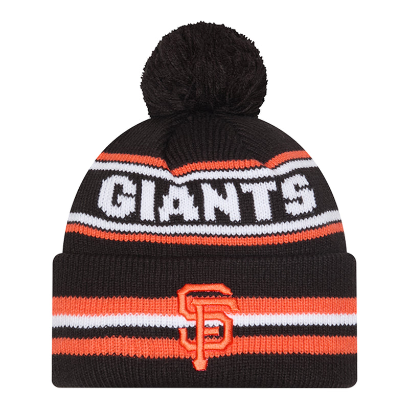 Black knit beanie with pom-pom, orange and white stripes, front Giants logo patch