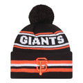 Black knit beanie with pom-pom, orange and white stripes, front Giants logo patch