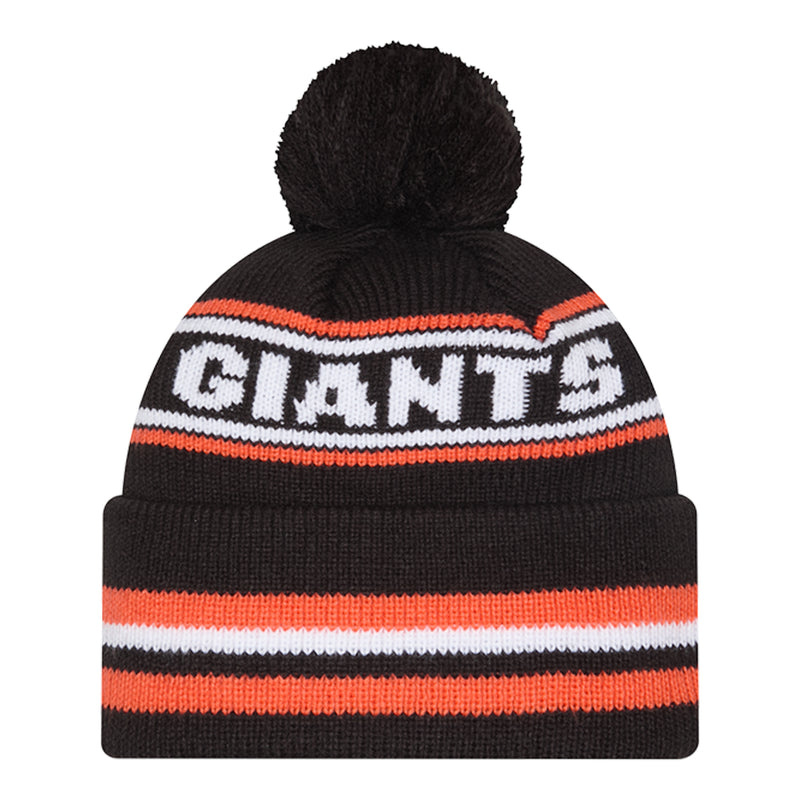 Black knit beanie with pom-pom, orange and white stripes, Giants wordmark