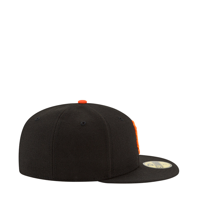 Black baseball cap side profile with orange accent stitch and flat brim