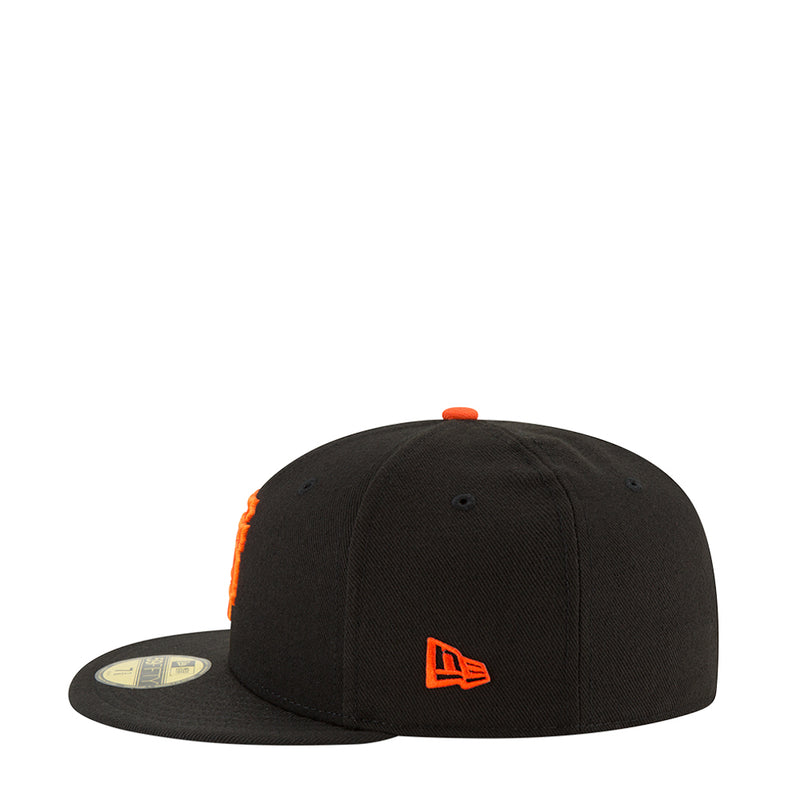 Black baseball cap with orange embroidered logo on front panel and orange button