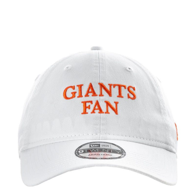 White baseball cap with 'GIANTS FAN' front embroidery and New Era patch