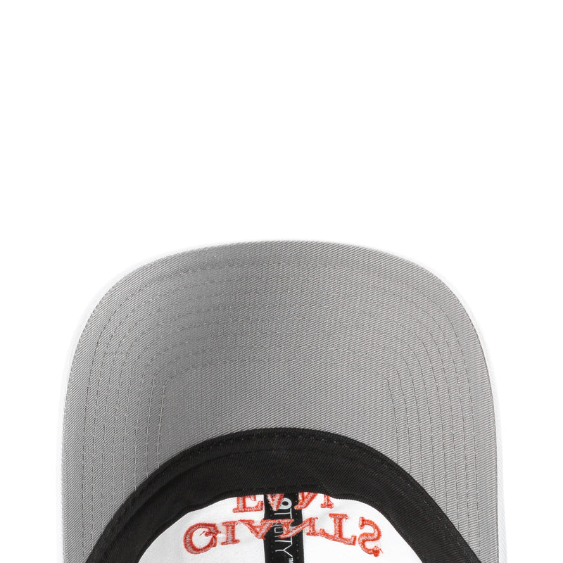 Gray cap lining close-up with circular embroidered logo
