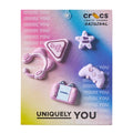 5-piece pink and purple gaming-themed Jibbitz charms on display card