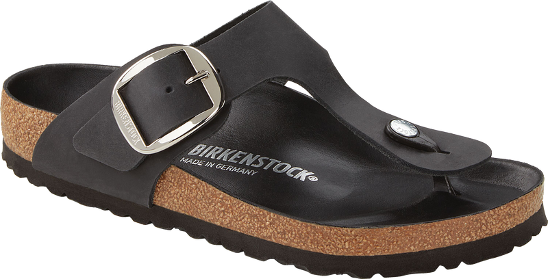 Quarter turn view Women's Birkenstock Footwear style name Gizeh Big Buckle Oiled Regular in color Black. Sku: 1023334