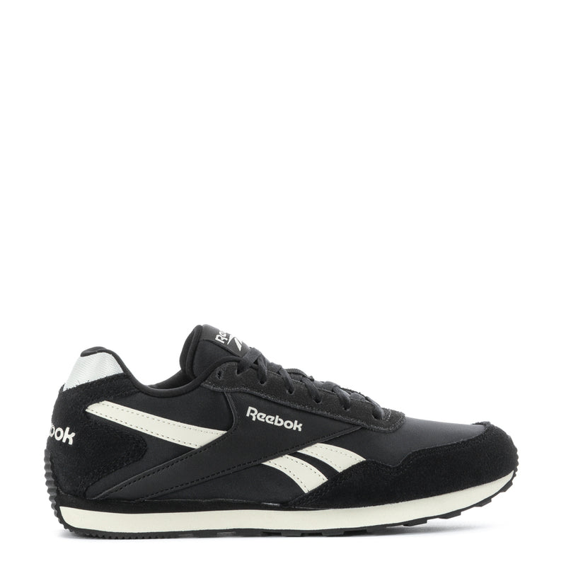 Women's black low-top sneakers with white Reebok stripes and lace-up front
