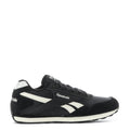Women's black low-top sneakers with white Reebok stripes and lace-up front