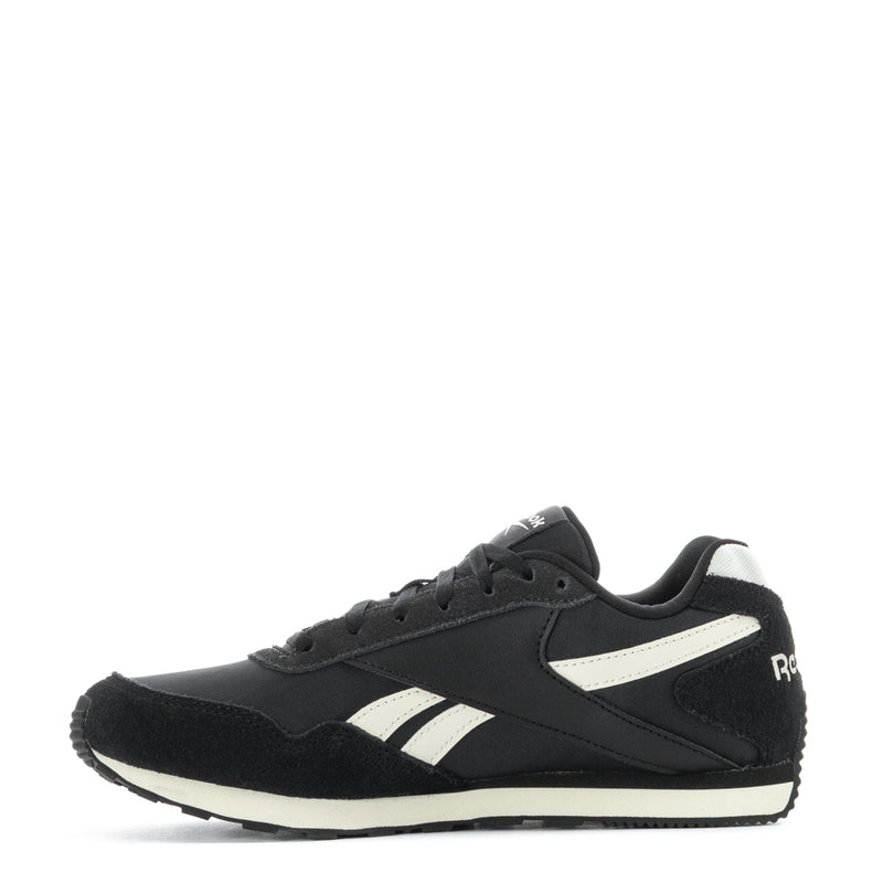 Women's black low-top sneakers, white side stripe and Reebok logo, lace-up