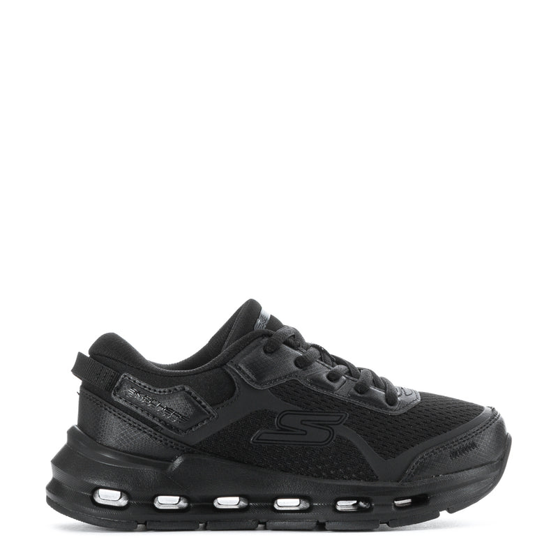 Black kids lace-up sneakers, mesh upper, side logo, chunky cushioned sole