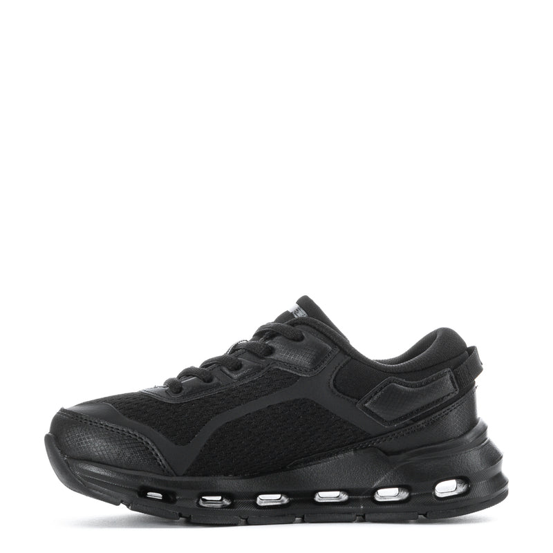 Black kids sneakers, lace-up mesh upper with padded tongue, chunky outsole