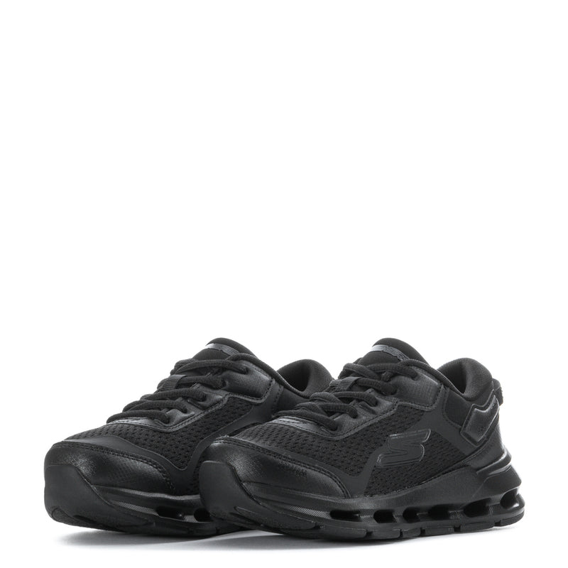 Black kids sneakers pair, lace-up mesh design with cushioned midsole pods