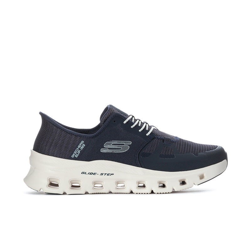 Men's navy and white lace-up sneakers with cushioned tread sole.