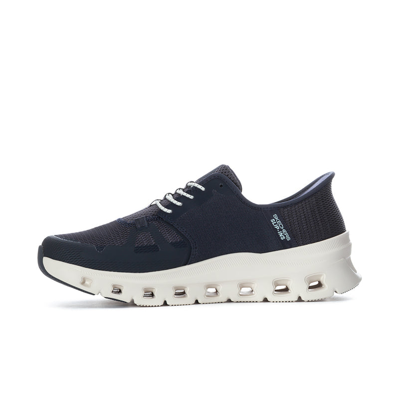 Men's navy knit lace-up sneakers with white platform sole and metal eyelets.