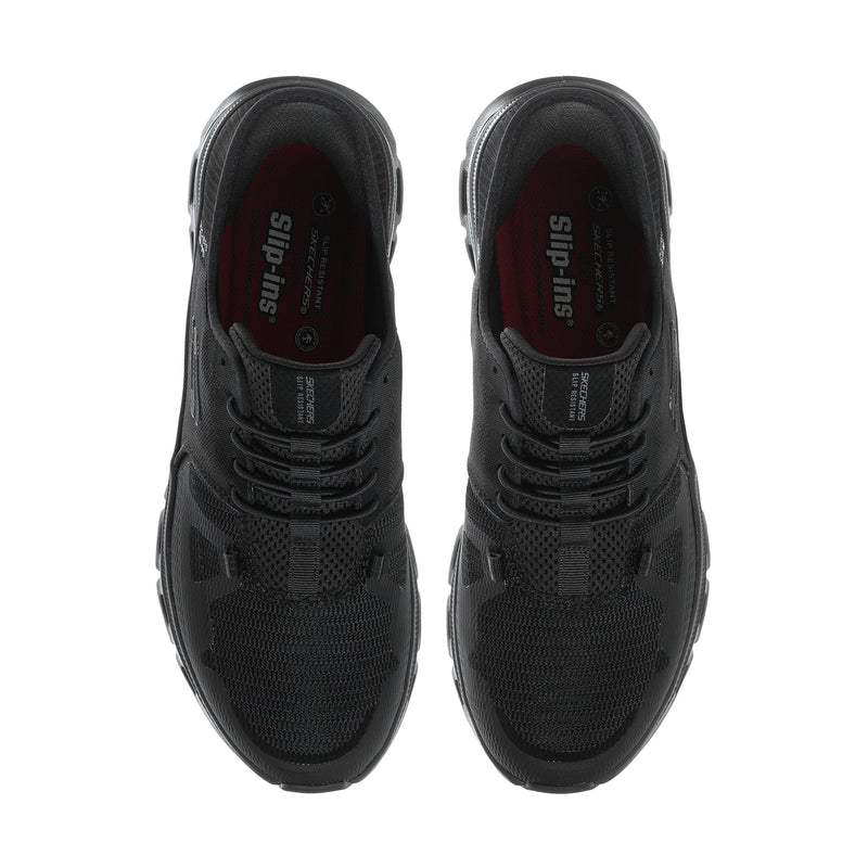 Men's black slip-resistant sneakers, lace-up front, padded collar