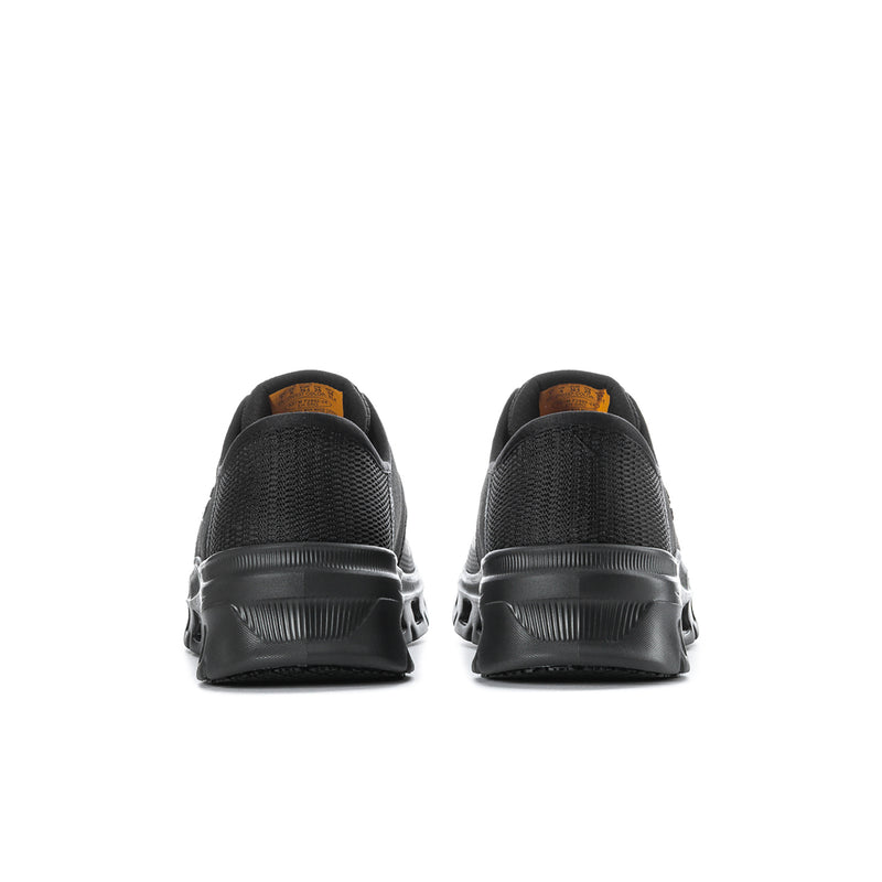Men's black slip-resistant sneakers, heel view, cushioned back