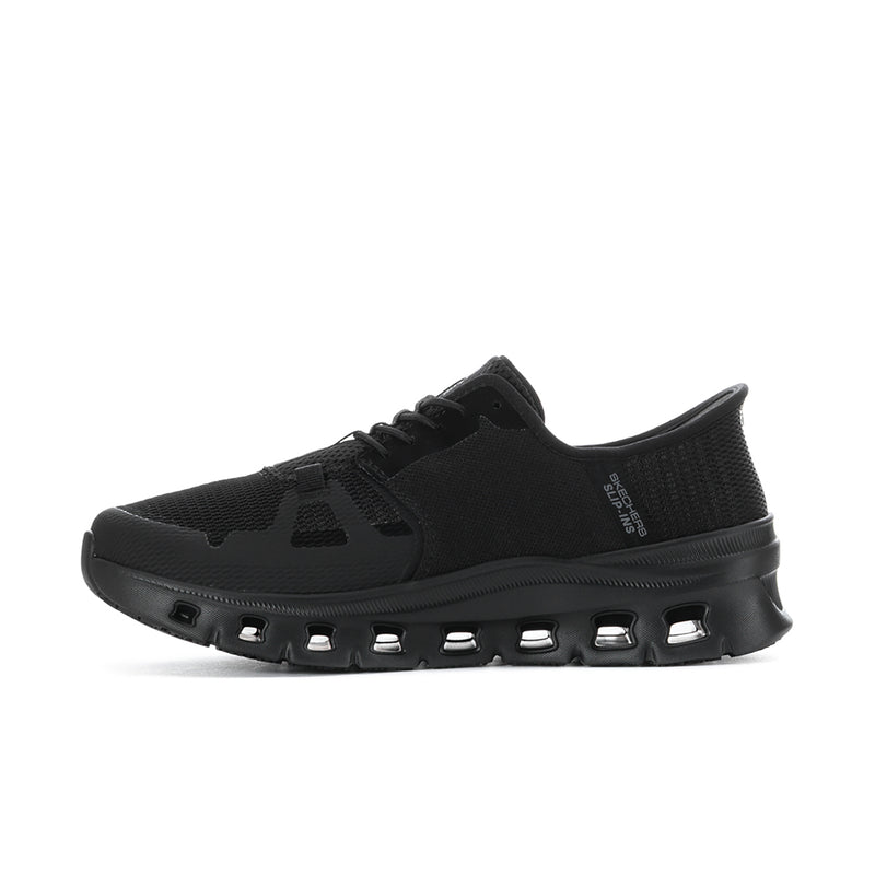 Men's black slip-resistant sneakers, slip-on knit upper, no laces, pull tab