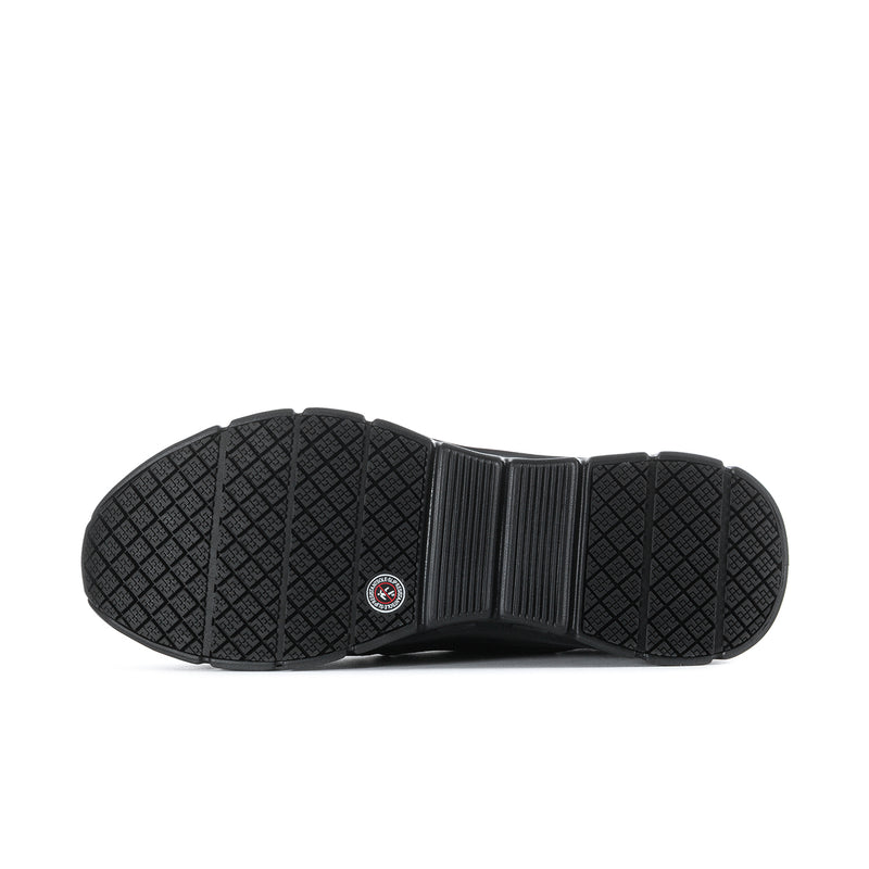 Men's black slip-resistant sneakers, outsole tread detail