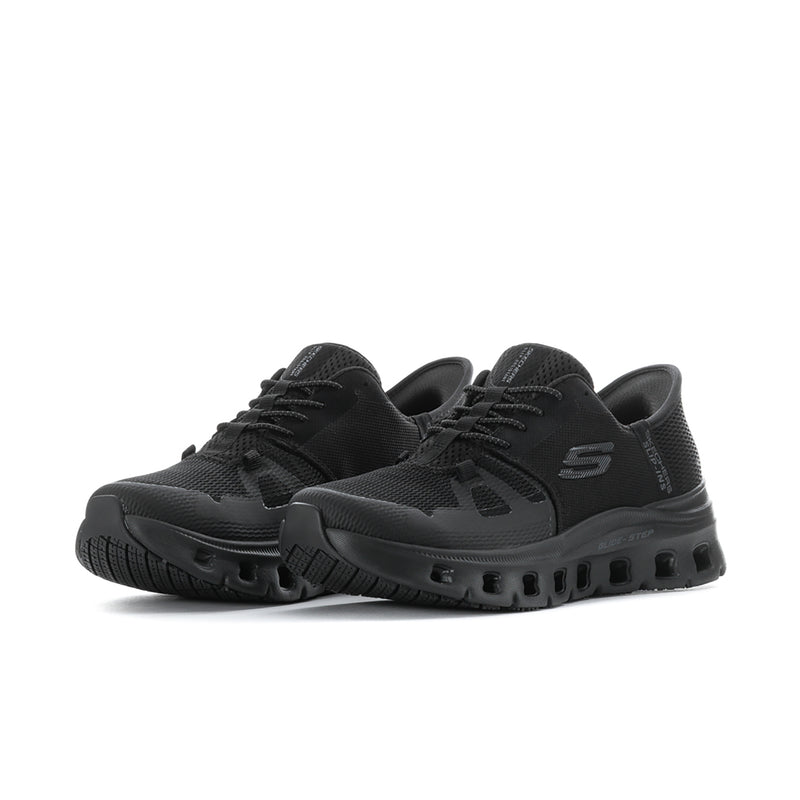 Black women's slip-on sneaker, knit upper and rugged treaded sole