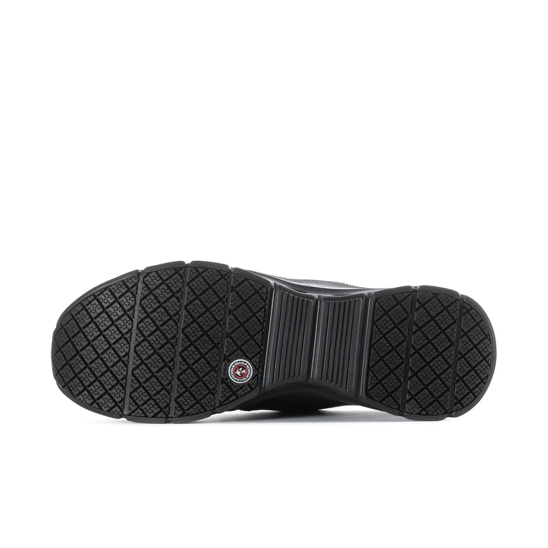 Black outsole of women's slip-resistant sneaker with deep traction tread