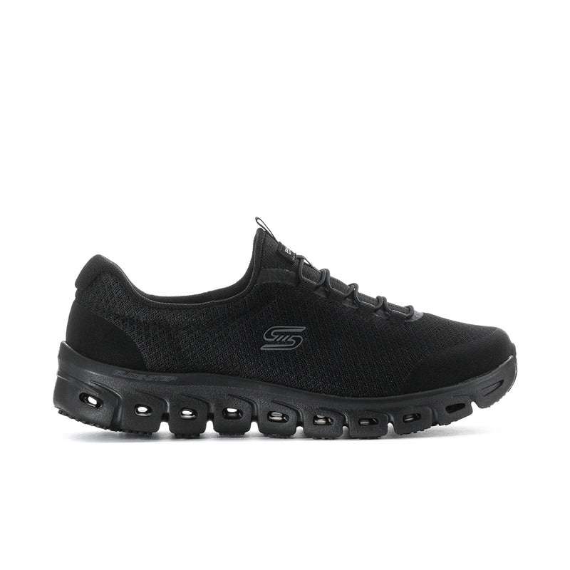 Women's black slip-resistant wide sneakers, side view with S logo and laces