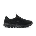 Women's black slip-resistant wide sneakers, side view with S logo and laces