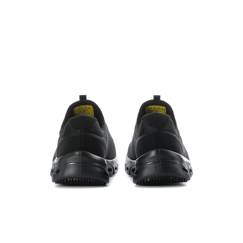 Women's black slip-resistant wide sneakers, rear view with cushioned collar