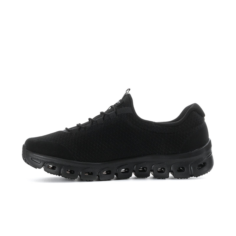 Women's black slip-resistant wide sneakers, side profile with textured upper