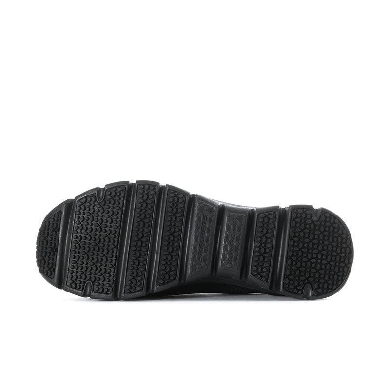 Women's black slip-resistant wide sneakers, treaded rubber outsole underside