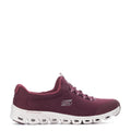 Burgundy knit lace-up women’s running shoe with white cushioned sole and tread pods