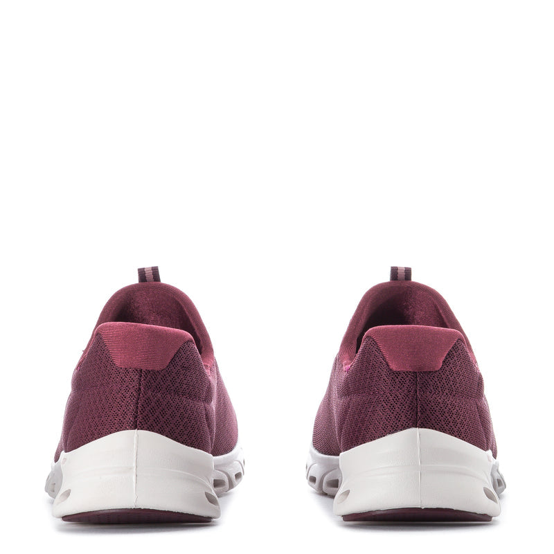 Burgundy knit lace-up shoe with rear heel view and white midsole