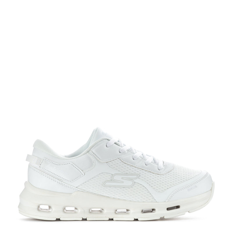 White youth lace-up sneakers with synthetic overlays, mesh texture, and cushioned midsole