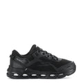 Black youth lace-up running shoe with cushioned sole and side logo detail