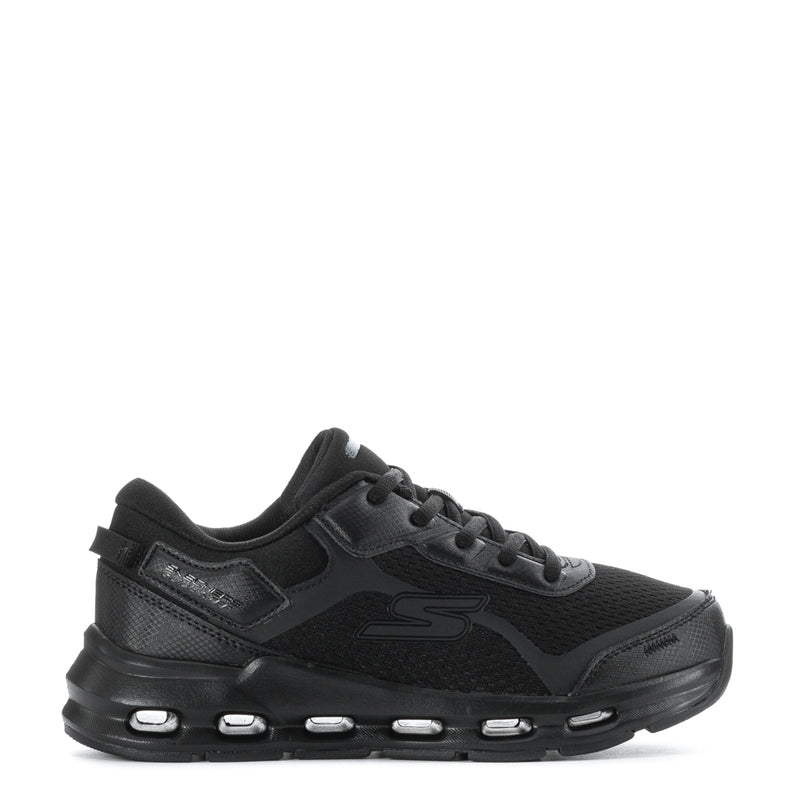 Black youth lace-up running shoe with cushioned sole and side logo detail