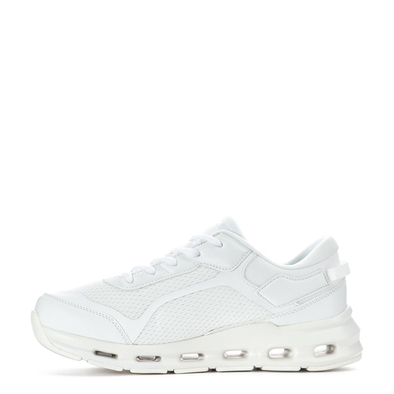 White youth lace-up sneakers with mesh upper and cushioned, segmented rubber outsole