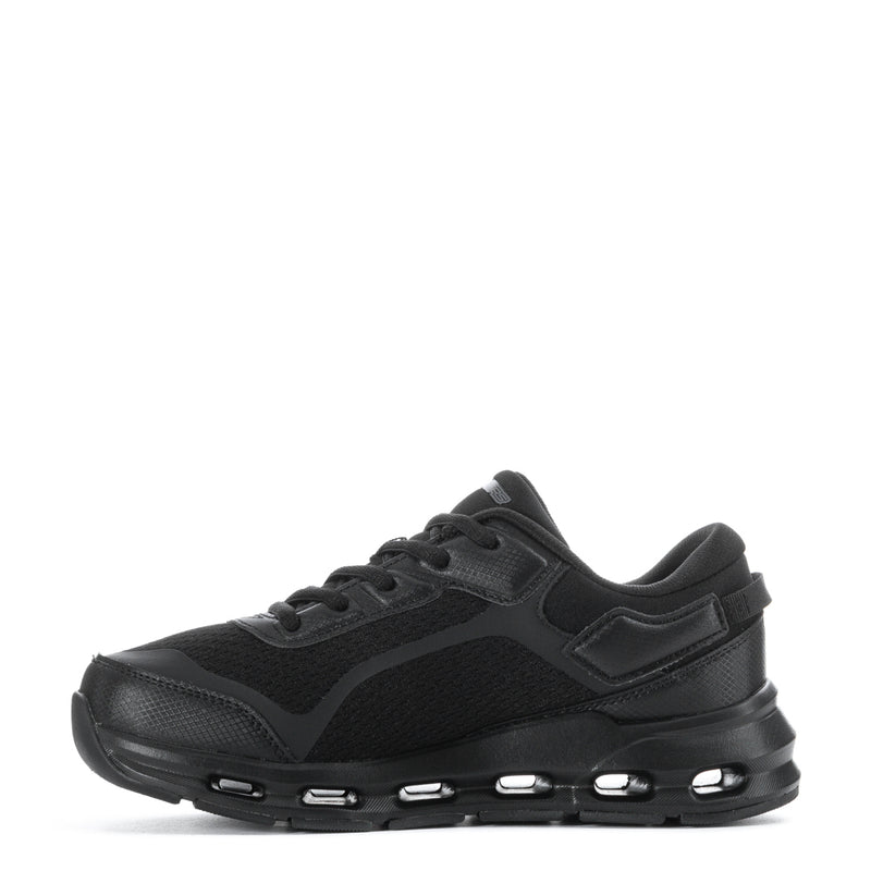 Black youth lace-up sneaker with mesh-like upper and comfort cushioning pods