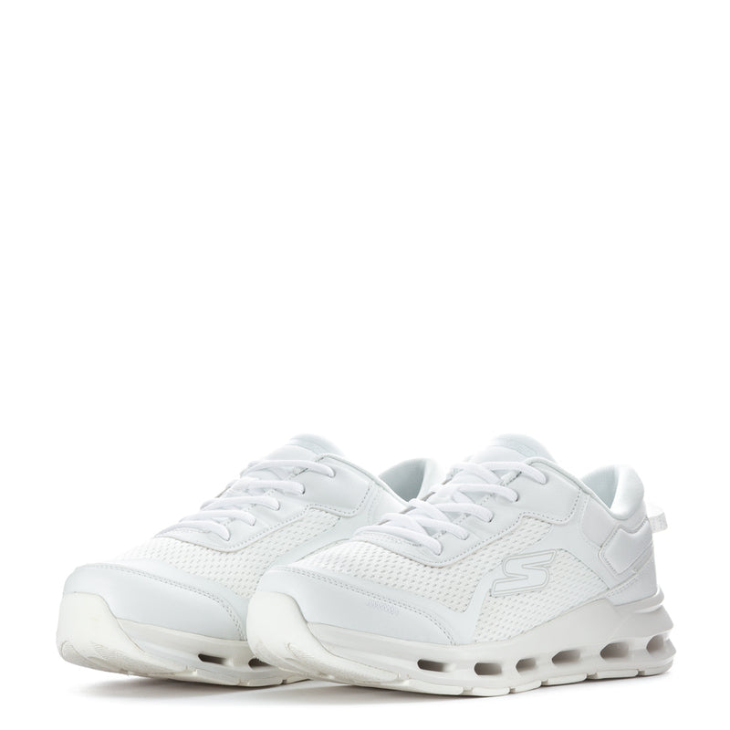 Pair of white youth lace-up sneakers with low-profile mesh upper and rubber pods outsole