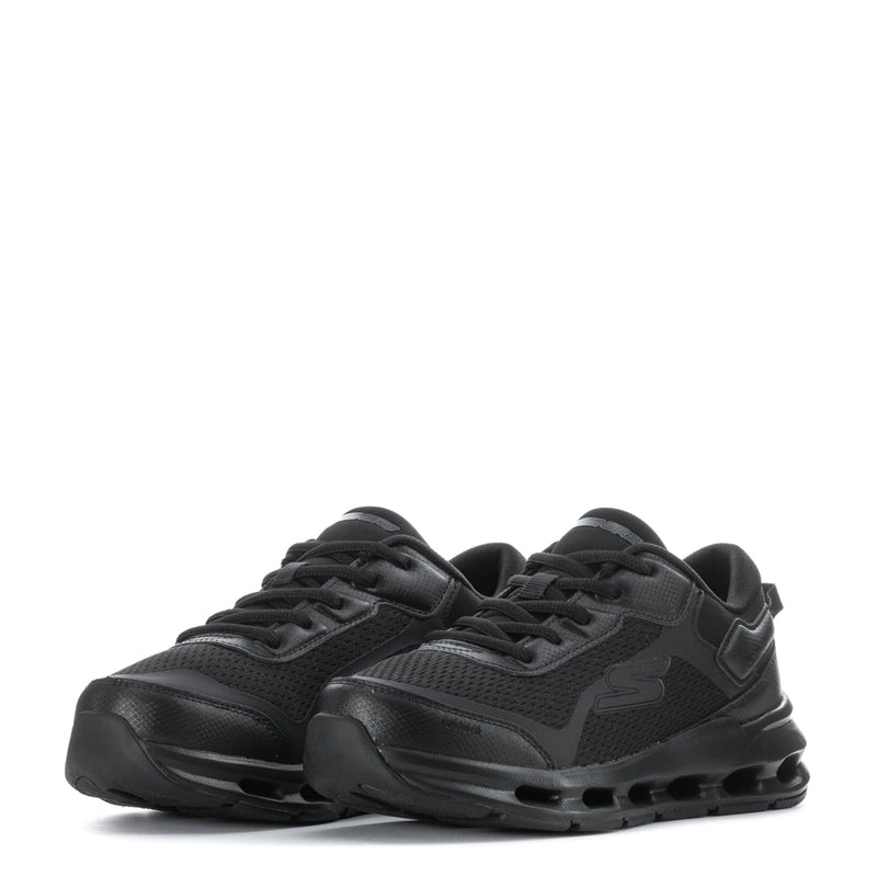 Pair of black youth running shoes with lace-up design and rocker-style sole