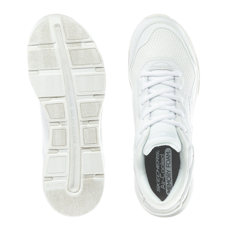White youth sneaker outsole and interior view with lace-up closure and textured upper
