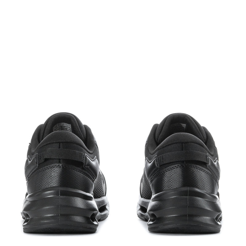 Black youth lace-up shoes from heel view with padded collar and cushioned sole