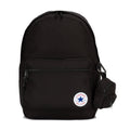 Black backpack with front zip pocket, side handle, and Converse All Star patch