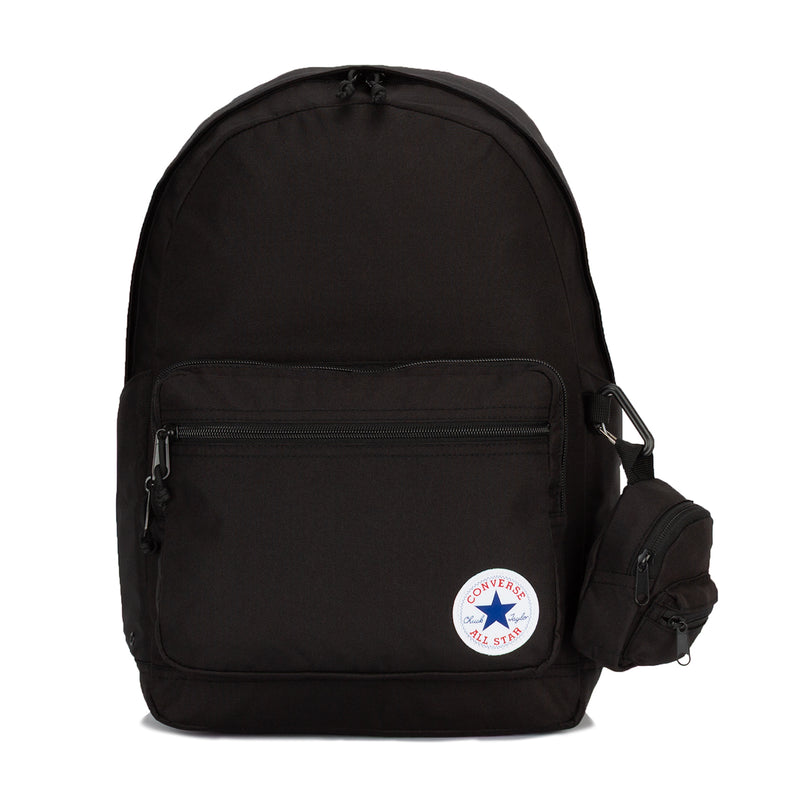 Black backpack with front zip pocket, side handle, and Converse All Star patch
