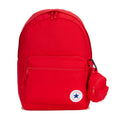 University Red backpack with front zip pocket, top handle, and side bottle pocket.
