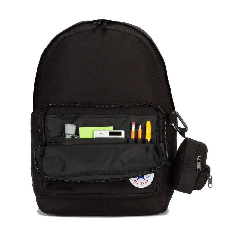 Black backpack with open front organizer pocket and interior compartments, Converse All Star patch