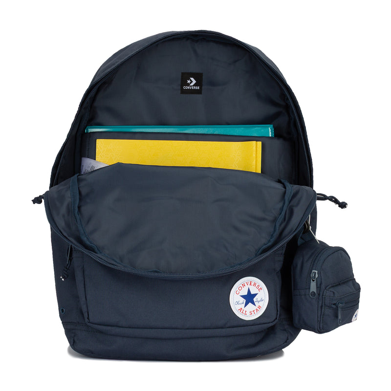 Go 2 backpack in Converse Navy, open main compartment with papers and organizer