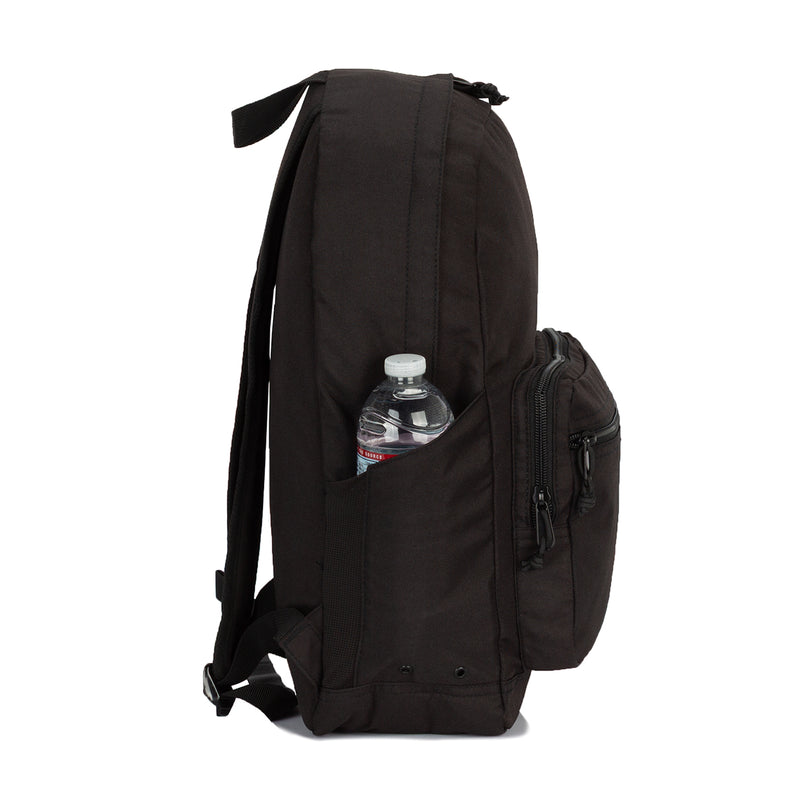 Black backpack with side zip compartment and bottle pocket plus small crossbody pouch