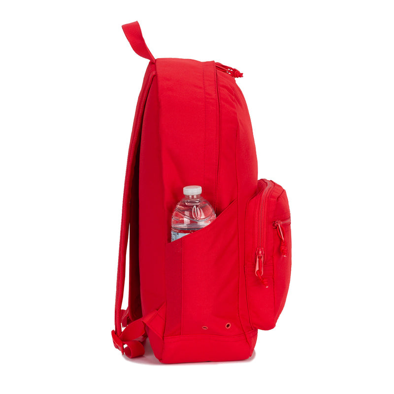 Red backpack with side water-bottle pocket and front zipper pouch, plus Converse patch.