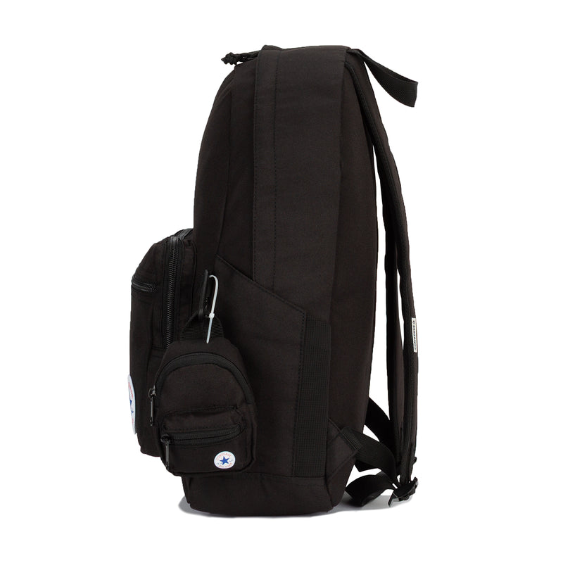 Black backpack with front organizer pocket and small crossbody pouch with Converse patch
