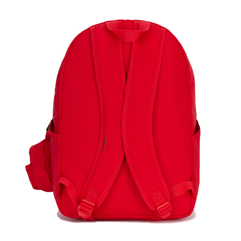 Red backpack back with padded shoulder straps and two adjustable webbing straps.