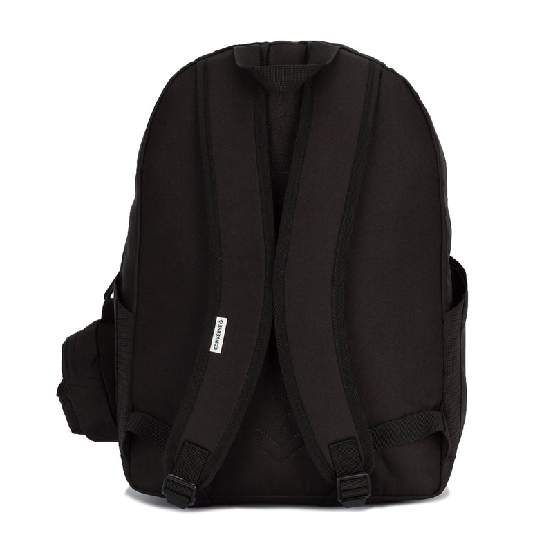 Black backpack back panel with padded shoulder straps and adjustable buckles