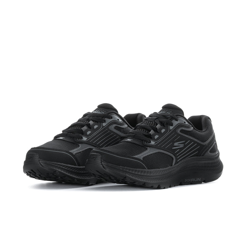 Black running shoe pair with textured overlays and lace-up closure